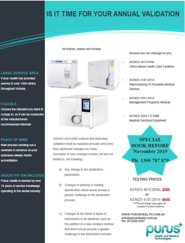 $385 Special price, Book in now for your annual Autoclave Validation
